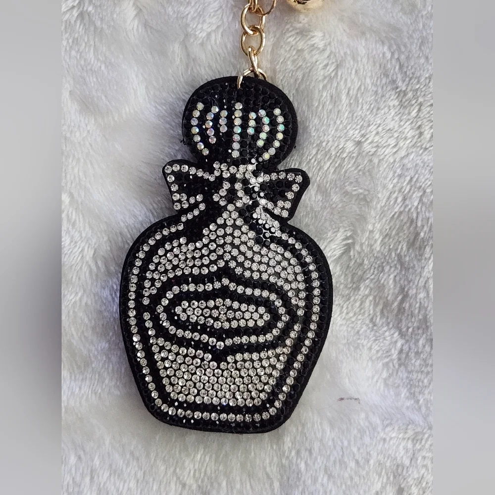 Perfume Bottle Black and Silver Rhinestones Keychain with Tassel Bag Charm